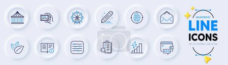 Illustration for Inspect, Carousels and Fingerprint line icons for web app. Pack of Mail, Ferris wheel, Image album pictogram icons. Consumption growth, Organic product, Technical info signs. Vector - Royalty Free Image