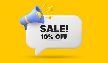 Illustration for Sale 10 percent off discount. 3d speech bubble banner with megaphone. Promotion price offer sign. Retail badge symbol. Sale chat speech message. 3d offer talk box. Vector - Royalty Free Image