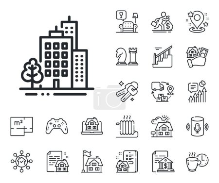 Illustration for City architecture with tree sign. Floor plan, stairs and lounge room outline icons. Buildings line icon. Skyscraper building symbol. Buildings line sign. House mortgage, sell building icon. Vector - Royalty Free Image