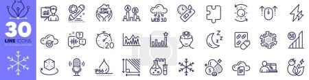 Illustration for Stress, Waterproof and 5g wifi line icons pack. Electricity, Green energy, Stay home web icon. Coronavirus, Online education, Sulfur mineral pictogram. Swipe up, Snowflake, File storage. Vector - Royalty Free Image