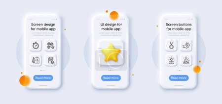 Illustration for Medal, Success and Certificate line icons pack. 3d phone mockups with star. Glass smartphone screen. Dumbbells, Diet menu, Yoga web icon. Timer, Fish pictogram. For web app, printing. Vector - Royalty Free Image