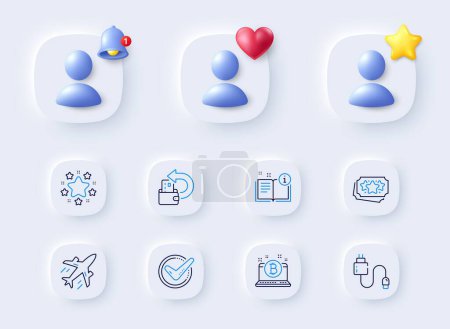 Illustration for Stars, Loyalty points and Manual line icons. Placeholder with 3d bell, star, heart. Pack of Charging cable, Confirmed, Plane icon. Cash back, Bitcoin pictogram. For web app, printing. Vector - Royalty Free Image