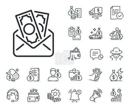 Illustration for Money fraud crime sign. Cash money, loan and mortgage outline icons. Bribe line icon. Cash envelope symbol. Bribe line sign. Credit card, crypto wallet icon. Inflation, job salary. Vector - Royalty Free Image