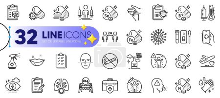 Illustration for Outline set of Face recognition, Coronavirus and Medical insurance line icons for web with Coronavirus lungs, Vaccine protection, Health app thin icon. Cough, Covid test. Vector - Royalty Free Image