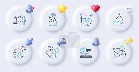 Illustration for Online chemistry, Hospital nurse and Chemistry lab line icons. Buttons with 3d bell, chat speech, cursor. Pack of Hourglass timer, Quick tips, Waterproof icon. Vector - Royalty Free Image