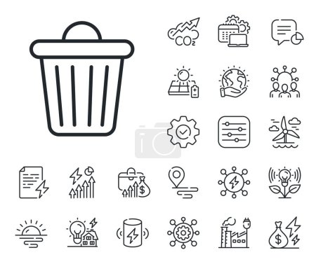 Illustration for Garbage, waste sign. Energy, Co2 exhaust and solar panel outline icons. Trash bin line icon. Delete, remove symbol. Trash bin line sign. Eco electric or wind power icon. Green planet. Vector - Royalty Free Image