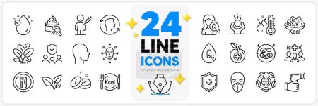Illustration for Icons set of Medical shield, Face biometrics and Head line icons pack for app with Food, Medical mask, Eco organic thin outline icon. Salad, No alcohol, Moisturizing cream pictogram. Vector - Royalty Free Image