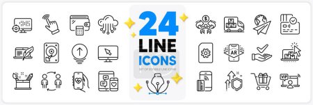 Illustration for Icons set of Internet, Contactless payment and Cursor line icons pack for app with Health app, Paper plane, Seo thin outline icon. Augmented reality, File management. Design with 3d stars. Vector - Royalty Free Image