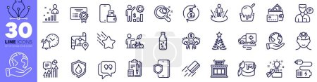 Illustration for Ice cream, Eco bike and Valet servant line icons pack. Ambulance transport, Stats, Phone protection web icon. Certificate, Augmented reality, Vision test pictogram. Shop. Design with pen tool. Vector - Royalty Free Image