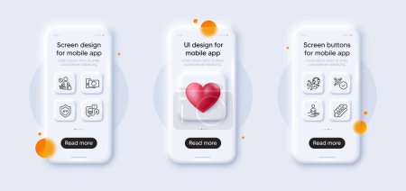 Illustration for Stop shopping, Cyber attack and International flight line icons pack. 3d phone mockups with heart. Glass smartphone screen. Qr code, Recruitment, Uv protection web icon. Vector - Royalty Free Image