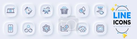 Illustration for Tutorials, Sunglasses and 5g notebook line icons for web app. Pack of Cloud computing, Drone, Dollar rate pictogram icons. Vaccination schedule, Water analysis, Coronavirus signs. Vector - Royalty Free Image