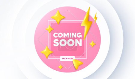 Illustration for Coming soon tag. Neumorphic promotion banner. Promotion banner sign. New product release symbol. Coming soon message. 3d stars with energy thunderbolt. Vector - Royalty Free Image