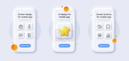 Illustration for Headphones, Update data and Contactless payment line icons pack. 3d phone mockups with star. Glass smartphone screen. Home insurance, Software, Voting ballot web icon. Vector - Royalty Free Image