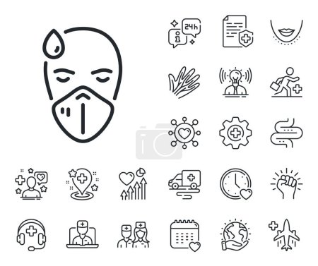 Illustration for Safety respiratory mask sign. Online doctor, patient and medicine outline icons. Sick man with medical mask line icon. Coronavirus face protection symbol. Sick man line sign. Vector - Royalty Free Image