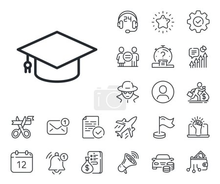 Illustration for Education sign. Salaryman, gender equality and alert bell outline icons. Graduation cap line icon. Student hat symbol. Graduation cap line sign. Spy or profile placeholder icon. Vector - Royalty Free Image
