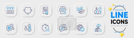 Illustration for Stress, Timer and Certificate diploma line icons for web app. Pack of Risk management, Voicemail, Evaporation pictogram icons. Fake news, Globe, Electricity price signs. Organic tested. Vector - Royalty Free Image