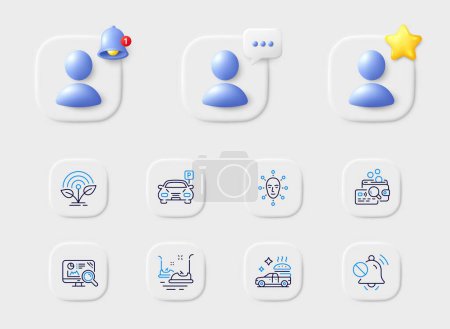 Illustration for Mute sound, Bumper cars and Parking line icons. Placeholder with 3d star, reminder bell, chat. Pack of Inspect, Food delivery, Seo analytics icon. Face biometrics, Incubator pictogram. Vector - Royalty Free Image
