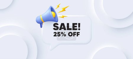 Illustration for Sale 25 percent off discount. Neumorphic 3d background with speech bubble. Promotion price offer sign. Retail badge symbol. Sale speech message. Banner with megaphone. Vector - Royalty Free Image