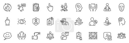 Illustration for Icons pack as Health eye, Eye checklist and Smile line icons for app include Group, Depression treatment, Electronic thermometer outline thin icon web set. Engineering, Hold heart. Vector - Royalty Free Image