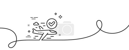 Illustration for Confirmed flight line icon. Continuous one line with curl. Approved charter sign. Verified airplane symbol. Confirmed flight single outline ribbon. Loop curve pattern. Vector - Royalty Free Image