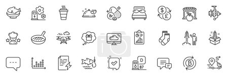 Illustration for Icons pack as Gift dream, Launch project and Refresh bitcoin line icons for app include Power certificate, Confirmed, Report outline thin icon web set. Pillows, Cloud storage. Vector - Royalty Free Image