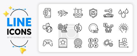 Illustration for Fingerprint research, Insurance medal and Empower line icons set for app include 360 degrees, Chart, Package protection outline thin icon. Loyalty ticket, Gears, Speakers pictogram icon. Vector - Royalty Free Image