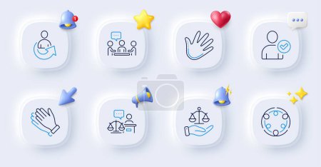 Illustration for Share, Justice scales and Inclusion line icons. Buttons with 3d bell, chat speech, cursor. Pack of Clapping hands, Court judge, People chatting icon. Identity confirmed, Hand pictogram. Vector - Royalty Free Image