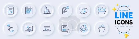Illustration for Video file, Scroll down and Calendar line icons for web app. Pack of Cooking hat, Hand washing, Repair pictogram icons. Cursor, Resume document, Parcel invoice signs. Petrol station. Vector - Royalty Free Image