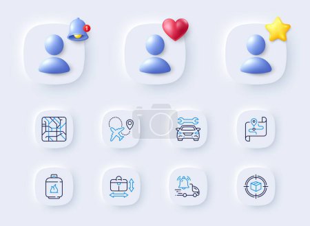Illustration for Car, Airplane and Parcel tracking line icons. Placeholder with 3d bell, star, heart. Pack of Metro map, Handbag size, Delivery notification icon. Gas cylinder, Map pictogram. Vector - Royalty Free Image