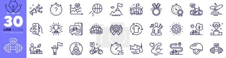 Illustration for Trophy, Cardio bike and Arena stadium line icons pack. Yoga, Strong arm, Timer web icon. Fitness, Cardio training, Best result pictogram. Winner star, Change clothes, Winner ribbon. Vector - Royalty Free Image