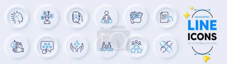 Illustration for Ranking star, User call and Safe energy line icons for web app. Pack of Business meeting, Wash hands, Hold document pictogram icons. Quiz test, Artificial intelligence, Security agency signs. Vector - Royalty Free Image