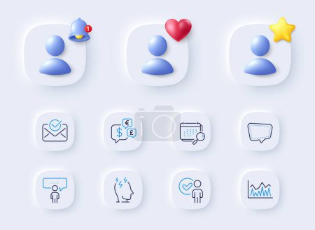 Illustration for Stress, Approved mail and Verification person line icons. Placeholder with 3d bell, star, heart. Pack of Investment, Money currency, Chat message icon. Consulting business, Calendar pictogram. Vector - Royalty Free Image