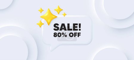 Illustration for Sale 80 percent off discount. Neumorphic background with chat speech bubble. Promotion price offer sign. Retail badge symbol. Sale speech message. Banner with 3d stars. Vector - Royalty Free Image