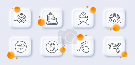 Illustration for Wind energy, Baggage belt and Timer line icons pack. 3d glass buttons with blurred circles. Psychology, Swipe up, Wash hands web icon. No hearing, Inclusion pictogram. For web app, printing. Vector - Royalty Free Image