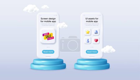 Illustration for Super sale banner. Phone mockup on podium. Product offer 3d pedestal. Discount sticker shape. Coupon bubble icon. Background with 3d clouds. Super sale promotion message. Vector - Royalty Free Image