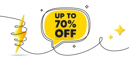 Illustration for Up to 70 percent off sale. Continuous line art banner. Discount offer price sign. Special offer symbol. Save 70 percentages. Discount tag speech bubble background. Wrapped 3d energy icon. Vector - Royalty Free Image