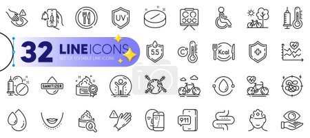 Illustration for Outline set of Uv protection, Vaccine announcement and Thermometer line icons for web with Ph neutral, Use gloves, Bike thin icon. Calories, Oil drop, Medical tablet pictogram icon. Vector - Royalty Free Image