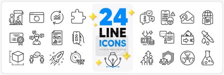 Illustration for Icons set of Startup rocket, Internet documents and Chemistry lab line icons pack for app with Wallet, Chemical hazard, Chemistry pipette thin outline icon. Certificate, Cyber attack. Vector - Royalty Free Image