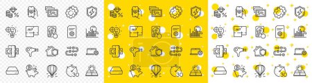 Illustration for Outline Photo album, Timer and Seo idea line icons pack for web with Settings gears, Floor plan, Bitcoin coin line icon. Money tax, Mini pc, Recovery hdd pictogram icon. Phishing. Vector - Royalty Free Image