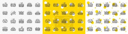 Illustration for Ole chant, arena football, championship architecture. Sports stadium line icons. Arena stadium, sports competition, event flag icons. Sport complex, megaphone or loudspeaker. Vector - Royalty Free Image