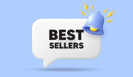 Illustration for Best sellers tag. 3d speech bubble banner with bell. Special offer price sign. Advertising discounts symbol. Best sellers chat speech message. 3d offer talk box. Vector - Royalty Free Image
