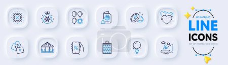 Illustration for Wedding rings, Heart and Ice cream line icons for web app. Pack of Balloon dart, Christmas ball, Boat fishing pictogram icons. Discounts app, Carousels, Discount signs. Shopping bag. Vector - Royalty Free Image