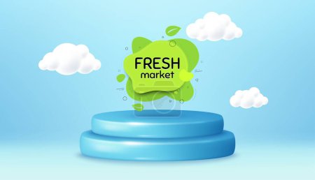 Illustration for Fresh market food banner. Winner podium 3d base. Product offer pedestal. Organic bio product tag. Vegetarian eco icon. Fresh market promotion message. Background with 3d clouds. Vector - Royalty Free Image