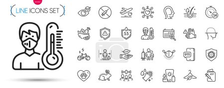 Illustration for Pack of Thermometer, Medical vaccination and Washing hands line icons. Include Slow fashion, Serum oil, Ph neutral pictogram icons. Social distance, Medical calendar, Coronavirus signs. Vector - Royalty Free Image