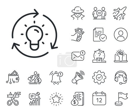 Illustration for Lightbulb sign. Salaryman, gender equality and alert bell outline icons. Idea line icon. Core value symbol. Idea line sign. Spy or profile placeholder icon. Online support, strike. Vector - Royalty Free Image