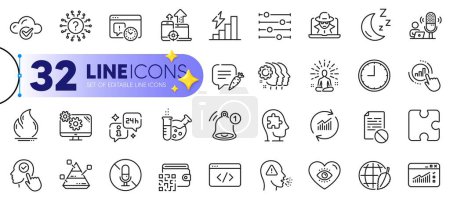 Illustration for Outline set of Moon, Yoga and Podcast line icons for web with Time, Qr code, Question mark thin icon. Graph chart, Cloud computing, Environment day pictogram icon. Puzzle, Chemistry lab. Vector - Royalty Free Image