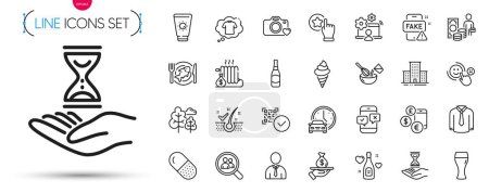 Illustration for Pack of Radiator, Loan and Tree line icons. Include Shirt, Qr code, Phone survey pictogram icons. Photo camera, Sunscreen, Currency rate signs. Rate button, Customer satisfaction, Online job. Vector - Royalty Free Image