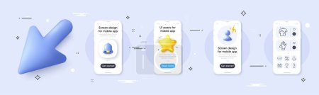 Illustration for Clean towel, Clean t-shirt and Dont touch line icons pack. Phone screen mockup with 3d cursor. Alert, star and placeholder. Vacuum cleaner, Bowl dish, Shampoo web icon. Glass pictogram. Vector - Royalty Free Image