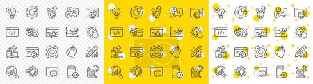 Illustration for Website stats, Target and Increase sales signs. Seo line icons. Traffic management, social network and seo optimization icons. Gear wheel, Search engine and increase mobile sales. Vector - Royalty Free Image