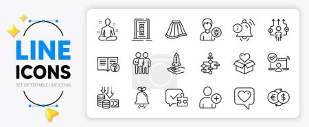 Illustration for Yoga, Business way and Heart line icons set for app include Donation, Person idea, Money exchange outline thin icon. Deflation, Bell, Help pictogram icon. Information bell, Online access, Door. Vector - Royalty Free Image